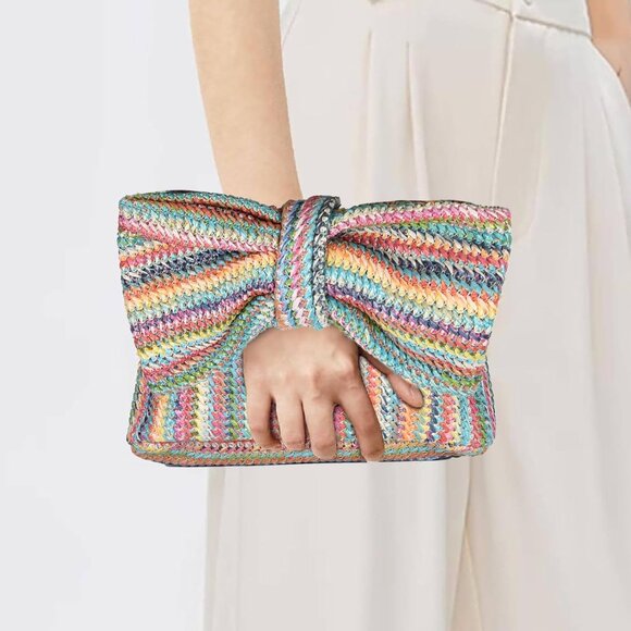 Womens Multi Fashion Clutch Bow Purses Straw Photos Party Wedding - Picture 6 of 7